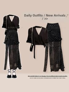 NUMEN BUTTON | Slimming Loose Short Sleeve Blouse and Elegant High Waist Polka Dot Skirt Set