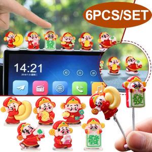 2024 6pcs/set Cartoon Cute God of Fortune Grandpa Car Shaking Head Ornament Multifunctional Car Interior Dashboard Center Console God of Fortune Resin Ornament Decoration