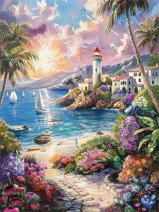 HUACAN Diamond Art Lighthouse Landscape Resin Square Drill Diamond Painting Kits Beach Scenery For Adults Mosaic