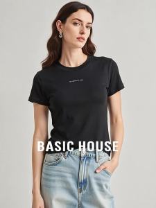 Basic House | Black Letter Print Womens T-shirt Summer Commuting Wear