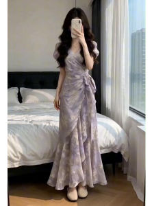 NIUVIES | Summer New French Style Purple Floral Waist-cinching Pencil Dress