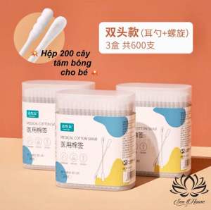 Tăm bông cho bé sơ sinh và trẻ em hộp 200 cây.Hàng sẵn Nowship