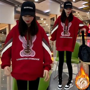 2024 ฤดูหนาว หนาขึ้น ผ้าขนแกะ เสื้อฮู้ด ผู้หญิง แขนยาวหลวม เสื้อสเว็ตเชิ้ต เสื้อแจ็คเก็ต ลำลอง ทันสมัย เสื้อแจ๊กเก็ตใส่สบาย