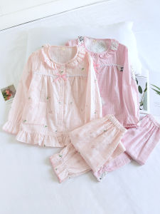 Cute Bear Print Cotton Pajamas Set for Girls Spring Autumn Lightweight Long Sleeve Home Clothes Soft Breathable Comfortable