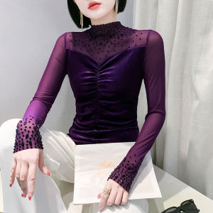 YIMEI Autumn and Winter New Mesh Splicing Half High Neck Red Velvet Top 2024 Western Style Hot Diamond Bottom Shirt for Women