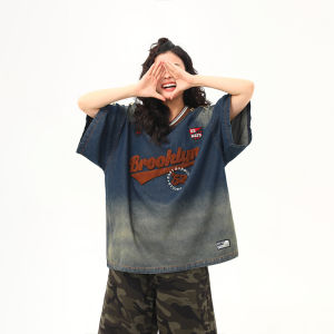 WILDAZI | Vintage V-Neck Washed Denim Short Sleeve T-Shirt