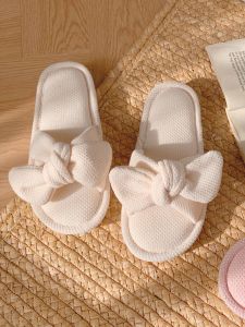 Japanese Style Pure Color Butterfly Knot Linen Slippers Womens Four Seasons Indoor Anti-Slip Sweat Absorbent Floor Shoes