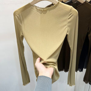 Stylish Wooden Ear Thin Mesh Long Sleeves T-shirt Female 2024 Early Autumn New Arrival Silm Inner Bottoming Shirt Tops