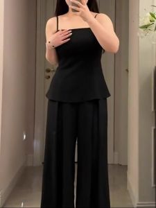 plus Size Womens Black Sleeveless Strap Vest Summer New Style Waist Cinching Outerwear Inner Wear Elegant Top Commute