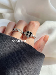 S925 Sterling Silver Fashion Ring with Black And White Agate Embedded Irregular Texture All-over Design Love Heart Ring