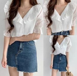 ECLAIRE 02L Kemeja Collar Ceruty Ruffle Lengan Pendek Shortsleeves Korea Casual Kasual Import xoxx