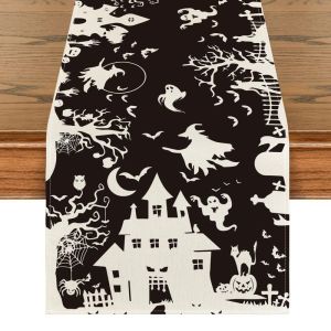 Thiết Kế Hình Bóng Người Chạy Bàn Tiệc Halloween Của VIKAMA Với Hình Ảnh Ngôi Nhà Ma Ám Phù Thủy Dơi Ma Và Mèo Đen - Trang Trí Bàn Ăn Ma Quái Cho Các Bữa Tiệc Ngày Lễ