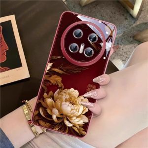 Gold Peony Flower Full Cover Huawei Mate70Pro Phone Case Red Color Creative Design Protective Shell Silicone Material Eco-Friendly