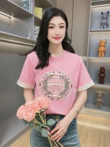 Casual Loose Fit Short Sleeve T-Shirt for Women Summer Fashion Embroidered Printed Cotton Creweck Crew Neck Top