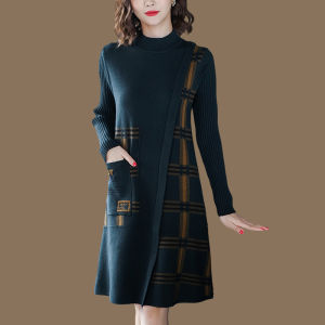 Autumn Winter Womens Woolen Knitted Long Loose Thickened Base Shirt Dress Knee-Length Mommy Dress Comfortable Soft Material