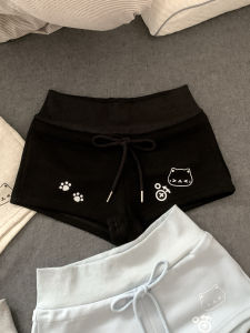 Cute Bear Print Cotton Short Pants Womens Summer Casual Versatile Loose Fit Printed Cotton Straight Leg Pants Natural Waist