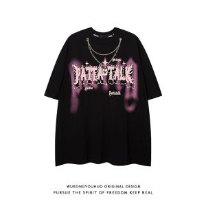 WUKONGYOUHUO | American Retro Street Print Necklace Short Sleeve Loose Fit Cotton T-Shirts