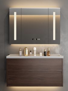 Modern Light Luxury New Chinese Walnut Solid Wood Bathroom Cabinet Combination Hand Washing and Face Washing Basin Cabinet One Ceramic Basin