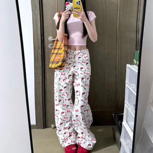 Cute Cat Graffiti Print High Waist Wide Leg Jeans Womens 2025 New Autumn Cartoon Design High Waist Loose Fit Trousers