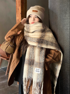 Thickened Woolen Plaid Scarf Womens Winter Warm Neck Warmer Retro High-End Cashmere Simulation Scarf Rectangle Size Other