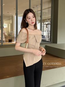 2024 Summer New Arrival Korean Style Sense of Design Asymmetrical Button Row off-Shoulder Tops Pure Desire Suit Waist Trimming Shirt