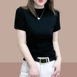 เสื้อยืดคอกลมแขนสั้นผ้าฝ้ายแท้สำหรับผู้หญิง ฤดูร้อนปี 2025 เสื้อตัวสั้นทรงเข้ารูป คอกลมสูงครึ่งตัว เสื้อผ้าทำงานสไตล์เกาหลี