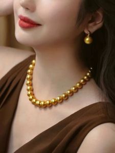 Deep Sea Mother-of-Pearl Gold Beads Necklace Sea Water Pearl Rich Gold Tea Gold Pearl round Bead Chain Jewelry New Stock