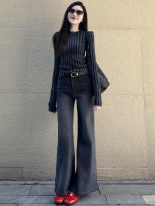 High Waist Slimming High Rise Bell Bottom Jeans Womens Casual Wear Loose Fit Bootcut Denim Pants Asymmetrical Hem