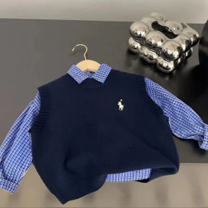100% Cotton Long Sleeve Childrens Shirt Knitted Pure Cotton Vest Set Baby College Style Trendy Ensemble for Boys Autumn Wear