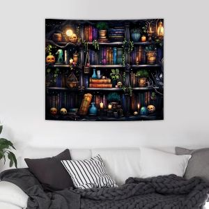 VIKAMA Ma Thuật Gothic Đầu Lâu Bò Phù Thủy Kệ Sách Tấm Thảm Retro Huyền Bí Thực Vật Giáo Dục Trang Trí Nhà Vải Polyester Treo Tường
