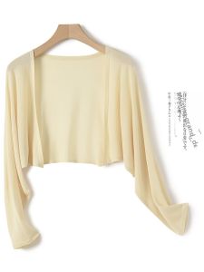Elegant Ice Silk Open Cardigan Womens Summer Thin Outerwear Long Sleeve Loose Fit Solid Color Commute Style Fashionable
