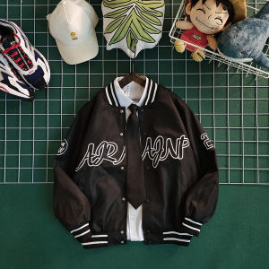 แจ็คเก็ตเบสบอลหนาหลวมสไตล์เกาหลีสำหรับผู้ชาย แจ็คเก็ตแบบสวมหัวแขนยาวทรงหลวมสไตล์ฤดูใบไม้ผลิและฤดูใบไม้ร่วง