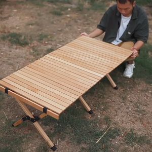 Camping folding outdoor glamping 120cm table luxury solid pine wood portable egg roll table picnic meja