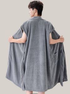 New Mens Robe Convertible Towel Quick Dry Coral Fleece Thick Soft Absorbent Home Jumpsuit Nightgown Comfortable Polyester
