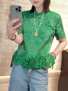 Shalldoer | New Chinese Style Short Sleeve Shirt Womens Summer Fashionable Hollow Out Hook Flower Ladies Casual Loose Fit Breathable Top