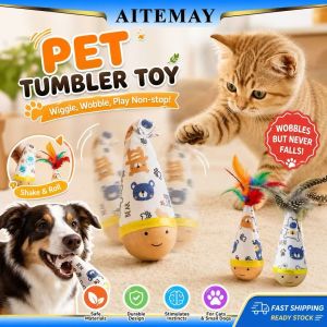 Aitemay Interactive Cat Feather Toy & Cat Tumbler Toy - Self-Rocking Wobble Ball for Kitten Indoor Play Durable Bite Resistant Beech Wood Teaser Wand Energy Release Pet Gift for Cats