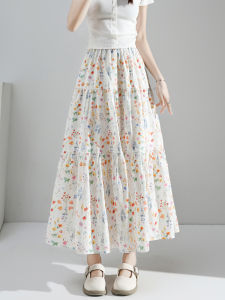 French Floral Pleated High Waist A-Line Midi Skirt Womens Summer Slim Fit Gingham Print Full BodyLength Skirt Ensemble