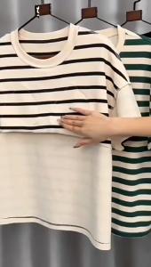 Women Striped T Shirt Built in Shelf Bra Short Sleeve Casual Tee Tops for Lounging Yoga Exercise ARTJ-VN