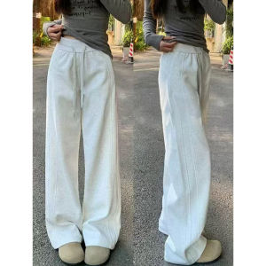 กางเกงกีฬาขายาวทรงหลวมสีเทาเข้ม กางเกงขายาวทรงขากว้างสำหรับผู้หญิง ทรงสลิมฟิต กางเกงวอร์มลำลอง เอวสูง ผ้าฝ้าย โพลีเอสเตอร์