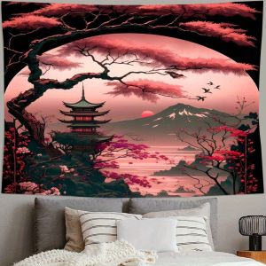 VIKAMA Japanese Zen Tapestry Cherry Blossom Pagoda Night Scene Tapestry Living Room Bedroom Wall Decoration Tapestry