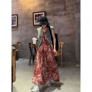 French Coastal Vacation Floral Print Strapless Dress Slimming Elegant Long Red Gown Casual Style Spring Summer Autumn Wear