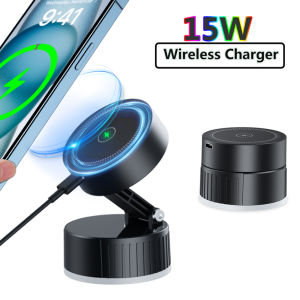 15W Fast Wireless Magnetic Charger Car Phone Holder Mount with Strong Vacuum Suction Adjustable Foldable Stand for Iphone 16 & 15