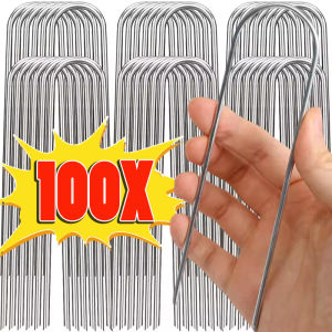 100 ชิ้น หมุดยึดรั้วรูปตัว U / หมุดยึดรั้วแบบใช้งานหนัก / หมุดยึดสนามหญ้าชุบสังกะสี / หมุดยึดพื้น / หมุดยึดท่อพร้อมแผ่นฟิล์ม