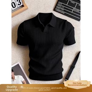 ZHUOCAN | Black Knitted Ice Silk Elasticity Fitting American Waist-cinching Mens Polo Shirt