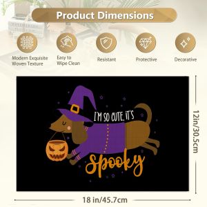1PCS Washable Halloween Dachshund Dog Print Placemats-Resistant Thick Linen Table Mats for Dining Table Home Decor