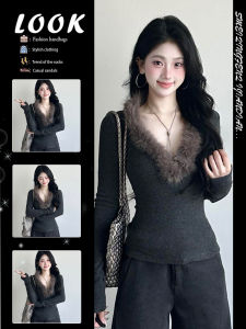 Stylish Korean Style Grey V-Neck T-Shirt Women Layereable Top