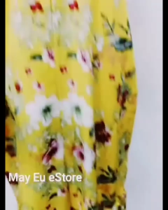 FS-MD053V Floral Short Sleeve V Neck Fishtail Zip Midi Dress Yellow 花卉短袖鱼尾长裙 拉链绑绳 修身显瘦连身裙 黄色