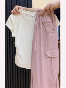 Summer Sportswear Set Women Casual Wide Leg Pants Dopaamine Small Stature Clothing Full Set Short Sleeve round Neck Cotton