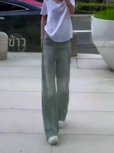 ขาตรงย้อนยุค กางเกงยีนส์ ผู้หญิง ฤดูร้อน สูงบาง เอว ขากว้างแคบ ความยาวพื้น กางเกง สไตล์เกาหลี ลำลอง กางเกงขายาว