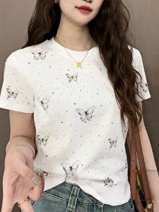 Áo Thun Nữ Tay Ngắn Mùa Hè 2024 Thời Trang Rộng Rãi Thắt Nút Bướm Áo Thun Cotton Pha Trộn Áo Thun Thường Ngày Áo Thun Cổ Tròn